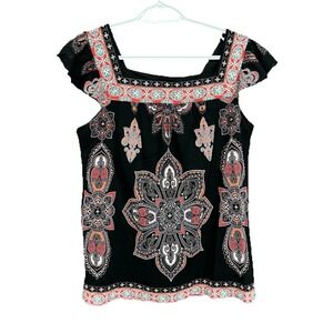 Axcess Blouse Top Paisley Print Square‎ Neck Short Sleeve Black Size L